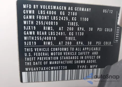 2012 Volkswagen Tiguan Sel из США, поврежденный, VIN WVGAV7AX4CW607736